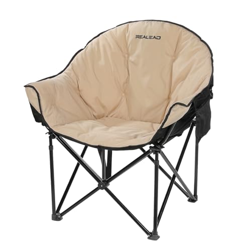 REALEAD Oversized Camping Chairs - Fully Padded Moon Round Chair for Adults - Heavy Duty Folding Chairs for Outside - Comfy Camp Chair for Lawn, Outdoor Sporting Events
