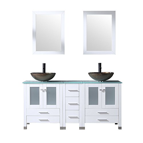 Bathjoy 60” White Bathroom Double Wood Vanities Cabinet With Mirrors Round Artistic Glass Vessel Sink Combo Oil Rubbed Bronze Faucet Pop-Up Drain #TOP22