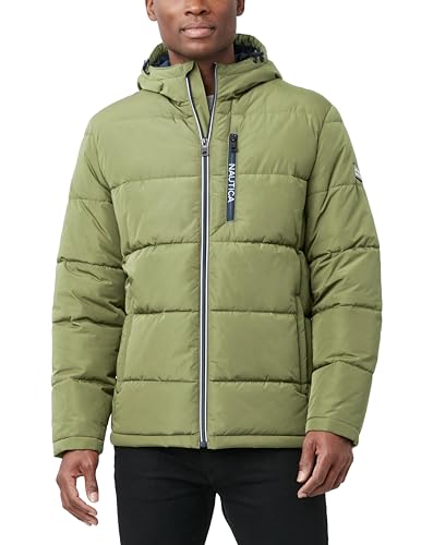 Image of Nautica Men's Midweight Quilted Faux Memory Puffer Jacket -Adjustable Hood Insulated Winter Coat