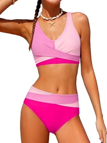 Image of Girls Swimsuit 2 Piece Bikini Set Swimwear Solid Color Bathing Suit 9-16T | Tropical Floral, Criss Cross, for Teen & Preteen