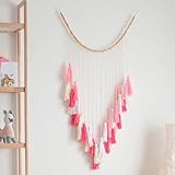 Decorful Large Pink Macrame Wall Hanging - Boho Tassel Garland for Girls Bedroom or Nursery - Blush Pink Boho Wall Decor with Natural Cotton and Wood Beads (40' x 35')