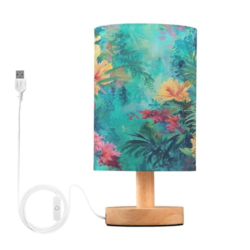 SDMKA Abstract Floral Green Bedside Table Lamp for Bedroom, Minimalist Nightstand Lamp with Round Fabric Shade for Living Room, Office, No Bulb Required