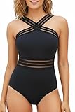 Tempt Me Women Black Crisscross One Piece Swimsuits Mesh Tummy Control Bathing Suits Front Crossover Swimwear S