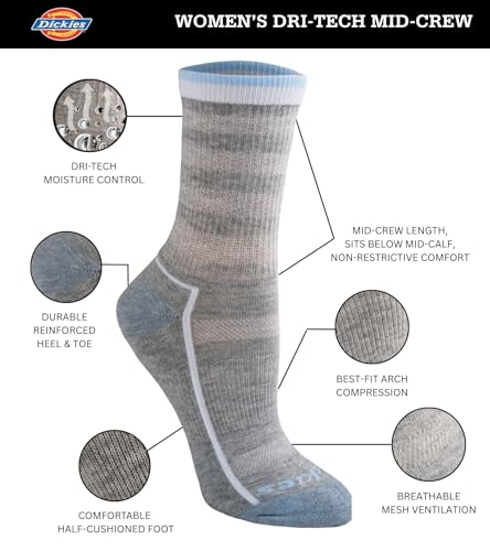 Image of Dickies Women's Dri-tech Advanced Moisture Wicking Mid-crew Socks, Available in M-l (6, 12 Pairs)