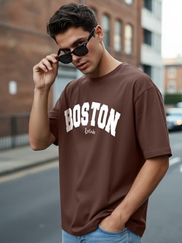 Image of LEOTUDE Men's Drop Shoulder Oversized Baggy Fit Half Sleeve Plain Solid Round Neck Multicolor T-Shirt for Men (Color Brown)