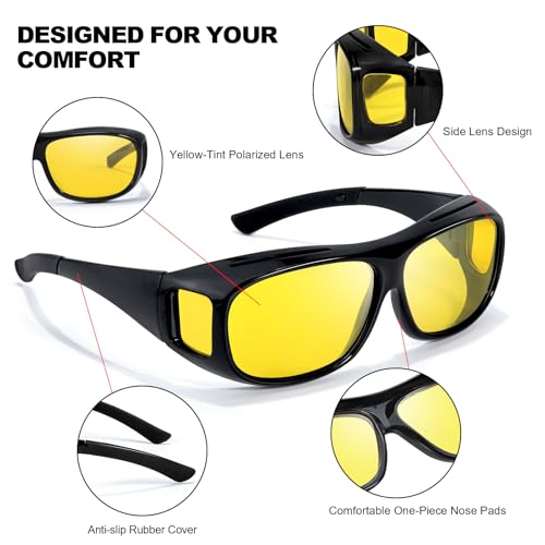 Trysee Night Driving Fit Over Glasses for Men Women Wrap Around Nighttime Driving Glasses Anti Glare TS41063