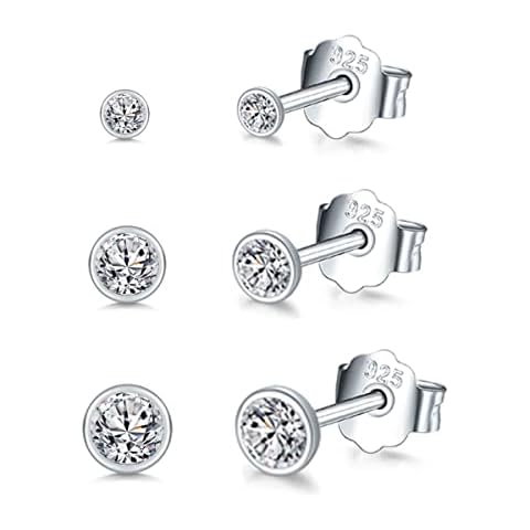 Sterling Silver Stud Earrings for Women Men Girls, 3 Pairs Small Diamond Earrings Tiny Round Cubic Zirconia Stud Earrings Hypoallergenic Sleeper Earrings Set for Multiple Pirercings, Size 3mm 4mm 5mm Cover