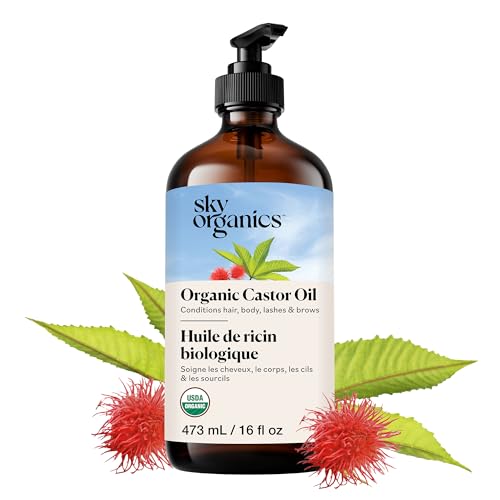 Image of Sky Organics Organic Castor Oil glass bottle for Hair, Lashes & Brows 100% Pure & Cold-Pressed USDA Certified Organic to Strengthen, Moisturize & Condition, 16 fl. Oz