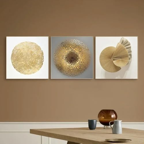 Toile géométrique abstraite pour habiller un mur vide : triptyque noir et or chic 65x65 cm