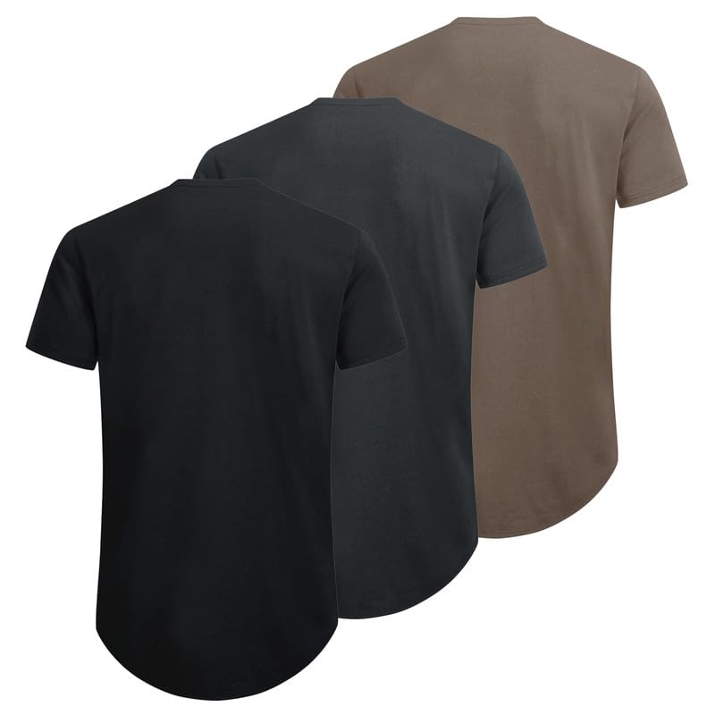 Mens 3 Pack Cotton Hipster Longline T Shirts Curved Hem Plain Hip Hop Short Sleeve Tee Fitted Casual Drop Cuts Crewneck2