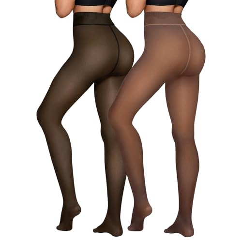 2 Pairs Women Fleece Lined Tights - Invisible Crotch Warm Fake Translucent High Waist Women Thermal Tights