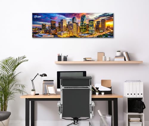 Image of DJSYLIFE Houston Skyline Canvas Wall Art Decor Panorama City Pictures Painting Texas Cityscape Photo Print Artwork for Office Bedroom Living Room Walls Decoration Ready to Hang 13.8 inchx45.3 inch
