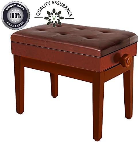 Adjustable Piano Bench Wooden Piano Stool with Music Storage & Height Adjustable- PU Leather and Solid Wood (Brown)