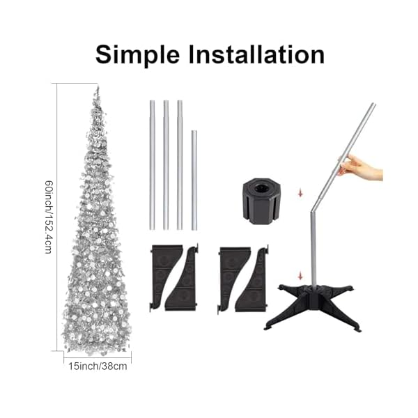 Silver christmas tree 5ft collapsible pop up tinsel christmas tree easy assembly coastal glitter pencil tree for home office holiday party farmhouse xmas decoration  urban country home decor