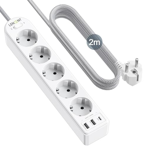 LENCENT 8 En 1 Regleta Enchufes de 5 Tomas Corrientes y 2 USB-A y 1 USB-C, 4000W Base Multiple con Interruptor, Regleta USB con Protección contra Sobrecargas, Montaje en Pared con Cable 2M