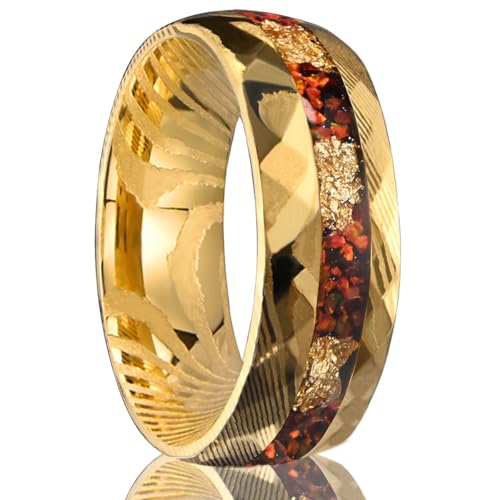 Gold Damascus Steel Rings for Men and Women 8mm Hammered Inlaid with Red Opal and gold foil Men's Engagement Wedding Bands High Polished