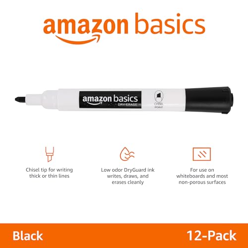 Image of Amazon Basics Lowe-Odor Dry Erase Whiteboard Markers, Chisel Tip, Quick-Dry, Black, 12-Pack
