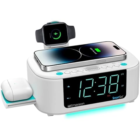 Emerson CKSW5010 Smartset Wireless Charging, Dual Alarm FM Clock, Bluetooth Radio/Speaker, 15W for Ultra-Fast Charging, 3W Retractable Port for Air Pods, White Cover
