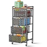 Xpatee 5 Tier Kitchen Storage Cart with Wheels, Utility Fruit Vegetable Storage Rack Stand with Pull-Out Baskets & Wood Top, Metal 4-Drawers Rolling Snack Cart, Kitchen Cart for Potato Onion(Black)