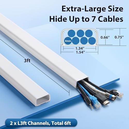 Image of ZhiYo 6 ft Cord Covers for 4-7 Wires on Wall, White, 2 Pack (3 ft Each)