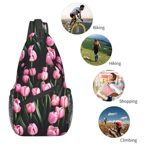 Bolso cruzado rosa con estampado de tulipanes para senderismo miniatura 6