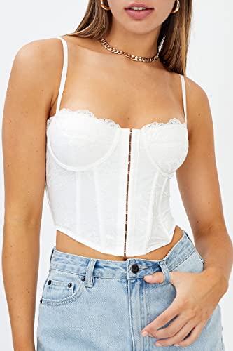Dealmore Womens Lace Spaghetti Strap White Corset Top Sexy Mesh Y2K Backless Bustier Push Up Party Going Out Crop Tops #TOP2