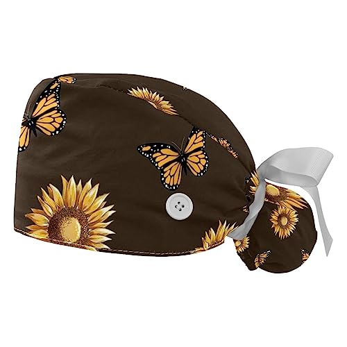 2 Pcs Working Caps with Buttons, Sunflowers Monarch Butterflies Ponytail Bouffant Scrub Cap for Long Hair