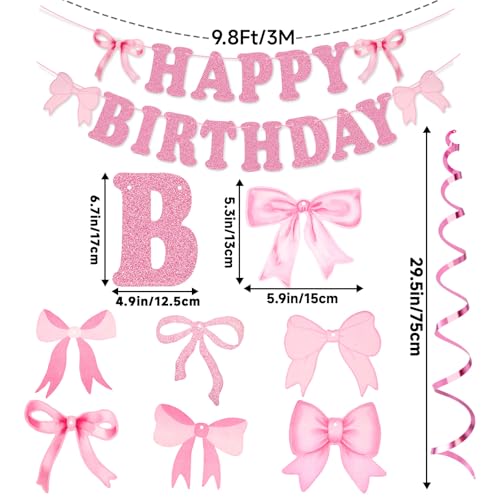jijAcraft Pink Happy Birthday Banner, Pink Bow Party Banner with 14Pcs Bow Swirls Hanging Garland, Girl Baby Shower Garland, Coquette Birthday Decoration for Wall, Fireplace, Window