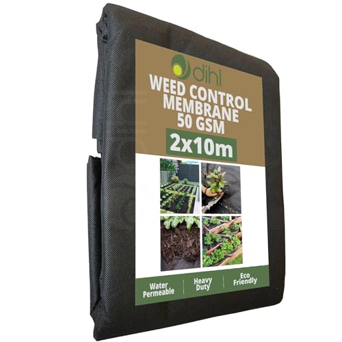 Dihl 2M x 10M Weed Barrier Control Membrane, Non-Woven UV Stabilised Ground Cover, Black, High-Density Polypropylene. For Landscaping, Patios, Flower Beds, Grass, and More. 20M² Coverage