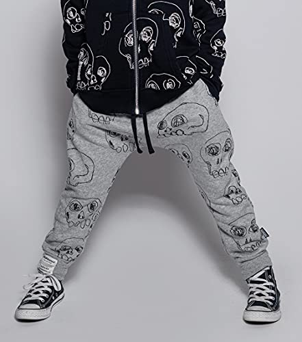 Nununu Kids Baggy Pants, Unisex Cotton Harem For Boys And Girls, Heather Grey - Scribbled Skulls, 6-7 Years #TOP2