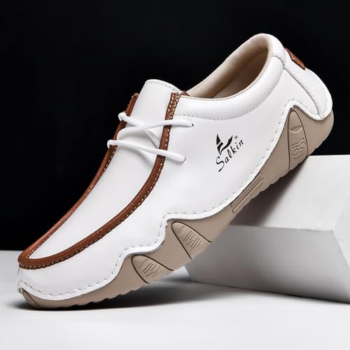 Men's Waterproof Leather Casual Walking Shoes for Hiking Camping & Driving All Season Retro Hand Stitched Round Toe Lace Up Slip on Loafers Comfortable Soft Outdoor Fashion Sneakers2