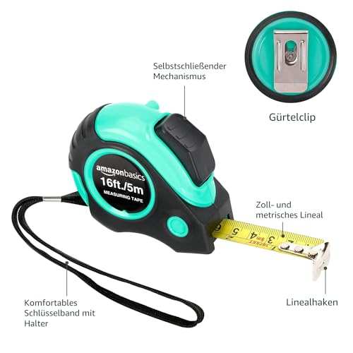 Amazon Basics Maßband, 4,88 m (16 Fuß), Türkis
