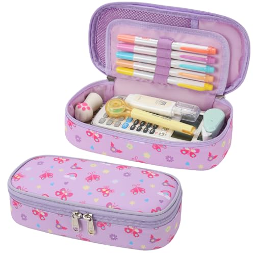 Image of Cute Kids Pencil Case - Girls Pen Pouch Large School Organizer | Pen Bag & Smooth Zipper, Multi-Slot Storage, Mesh Pocket, 900D Water Resistent, Giftable School Supplies, Purple Butterfly
