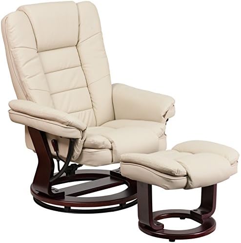 Judek Contemporary Leather Recliner/Ottoman with Swiveling Mahogany Wood Base (Beige)