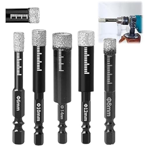 Diamond Drill Bits Set, 5/6/8/10/12/14 mm Dry brazing Hole Opener, Multifunctional Marble Tiles vitrified Brick All-Ceramic Hole Hexagonal Handle Pneumatic Batch Drill bit. (6+8+10+12+14 mm)