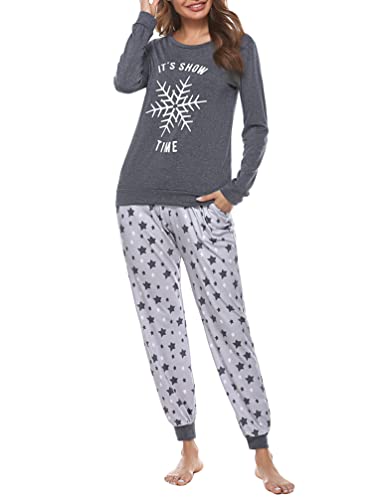 Bresdk Pijamas Estampado Mujer Invierno Algodon Manga Larga Pijama Largo, A   Gris, XL