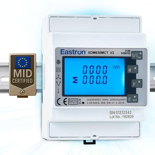 Medidor de electricidad Eastron SDM630MCT V2 - Modbus RS485 RTU Monofásico/trifásico - Medidor inteligente de riel DIN operado por CT, medidor de pulso,. MID/Calibrado