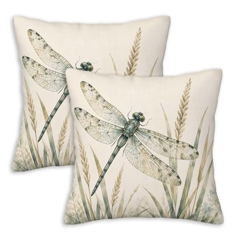 FexNuvko Teal Dragonfly Throw Pillow Covers 18x18 Set of 2, Sage Green Botanical Decorative Cushion Covers, Vintage Cottage Pillow Cases for Sofa Couch Bedroom Living Room Home Decor