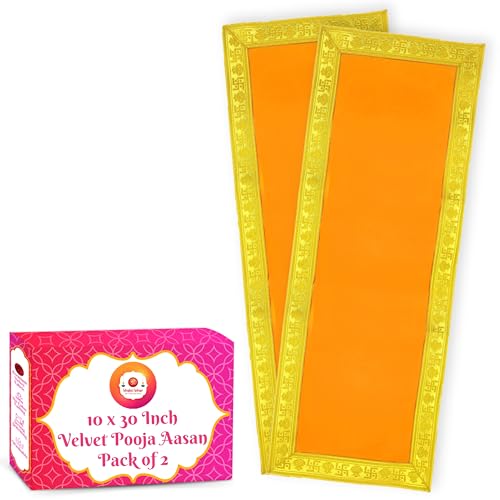 Image of Bhakti Lehar (10 x 30 Inch) Plain Orange Velvet Pooja Aasan for God Idol /Chowki Aasan Kapda Cloth for Temple Shelf Home Mandir, Ganesh Baithak and God Idol Sitting - Pack of 2