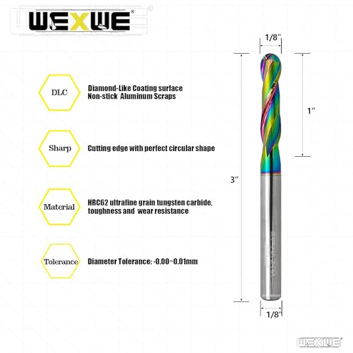 Image of Tools Extra Long Ball Nose Carbide End Mill, DLC Coating, CNC Cutting Tools for Aluminum and Wood Cutting, 3D Carving & Engraving. 2 Flute Router Bits,1 /8 Shank (1 /8-3 inch 2pcs)