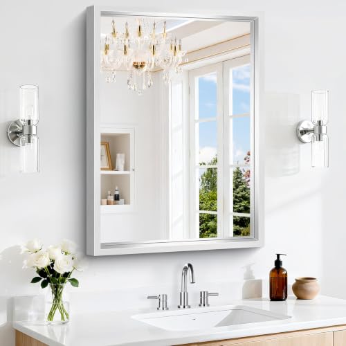 Image of Bathroom Mirror, 22 x 30 inch Brushed Silver Rectangular Mirror for Wall, 0.6 inch Thickened Deep Frame Mirrors for Bathroom Sink, Shatterproof Tempered Glass, Antirust, Horizontally or Vertically