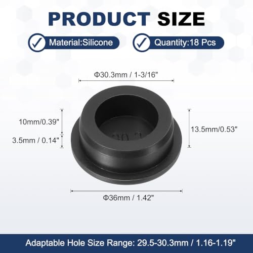 Image of MECCANIXITY 18pcs T-Shaped Silicone Plugs 30.3mm 1-3 /16 Inch Dia Snap in Plug Hole Seal Cover Round Rubber Stopper for 29.5-30.3mm Holes Kitchen Rubber Bulkheads Waterproof Sealing, Black