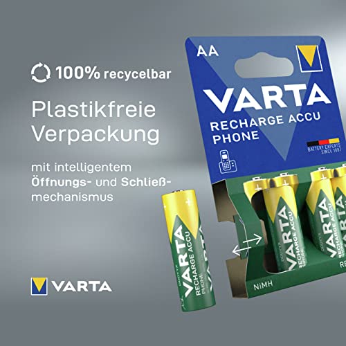 VARTA Batterien AAA, wiederaufladbar, 4 Stück, Recharge Accu Phone, Akku, 800 mAh Ni-MH, sofort einsatzbereit, geeignet für schnurlose Telefone