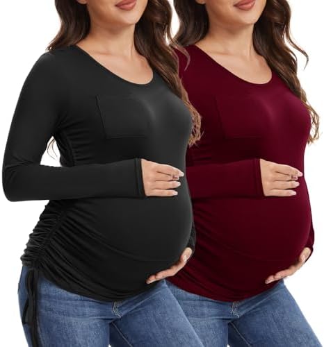 Happy.angel 2 Pack Maternity Shirts Long Sleeve Casual Fall Pregnancy Blouses Basic Tops Mama Clothes Plus Size Tshirts S-4XL