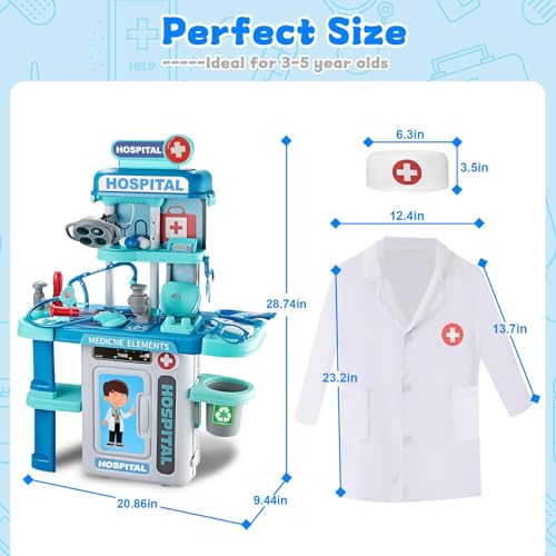 Doctor Kit for Kids 3-5, Toddler Play Set with Rolling Cart, Costume, and Stethoscope, Role Play Kids Doctors Set Educational Birthday Gift for Girls (Blue)