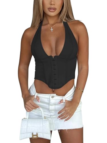 REORIA Women's Summer Sexy Halter V Neck Sleeveless Backless Trendy Y2k Going Out Corset Tank Crop Tops