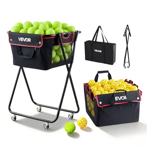 VEVOR Tennis Ball Hopper, Holds 175 Tennis Balls or 290 Pickleballs, Foldable Pickleball Basket Cart with Wheels for Easy Pick Up, Portable Baseball Cart Caddy with Storage Bag, for Training Coaching