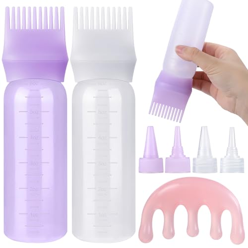 Pimoys Hair Oil Applicator Bottle for Scalp Root Comb Applicator Bottles Hair Dye Squeeze Bottle Coloring Tools2 Pack (Purple White) with 4 Pointed Mouth Cover and Massage Comb