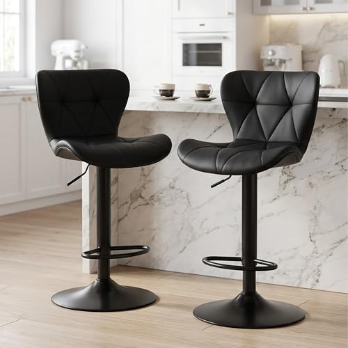 Image of HealSmart Bar Stools Set of 2, Adjustable Faux Leather Swivel Bar Stools, Counter Height Bar Chairs with Back for Kitchen Island, 360 Swivel, 300 lbs Capacity, Black