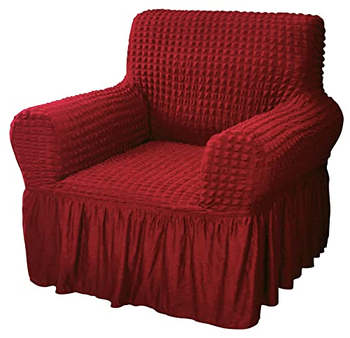Image of House of Quirk Turkish Bubble Frill 280 GSM Sofa Slipcovers, Durable Washable Universal Single Seater High Elastic Furniture Protector (Maroon, 90-145cm)
